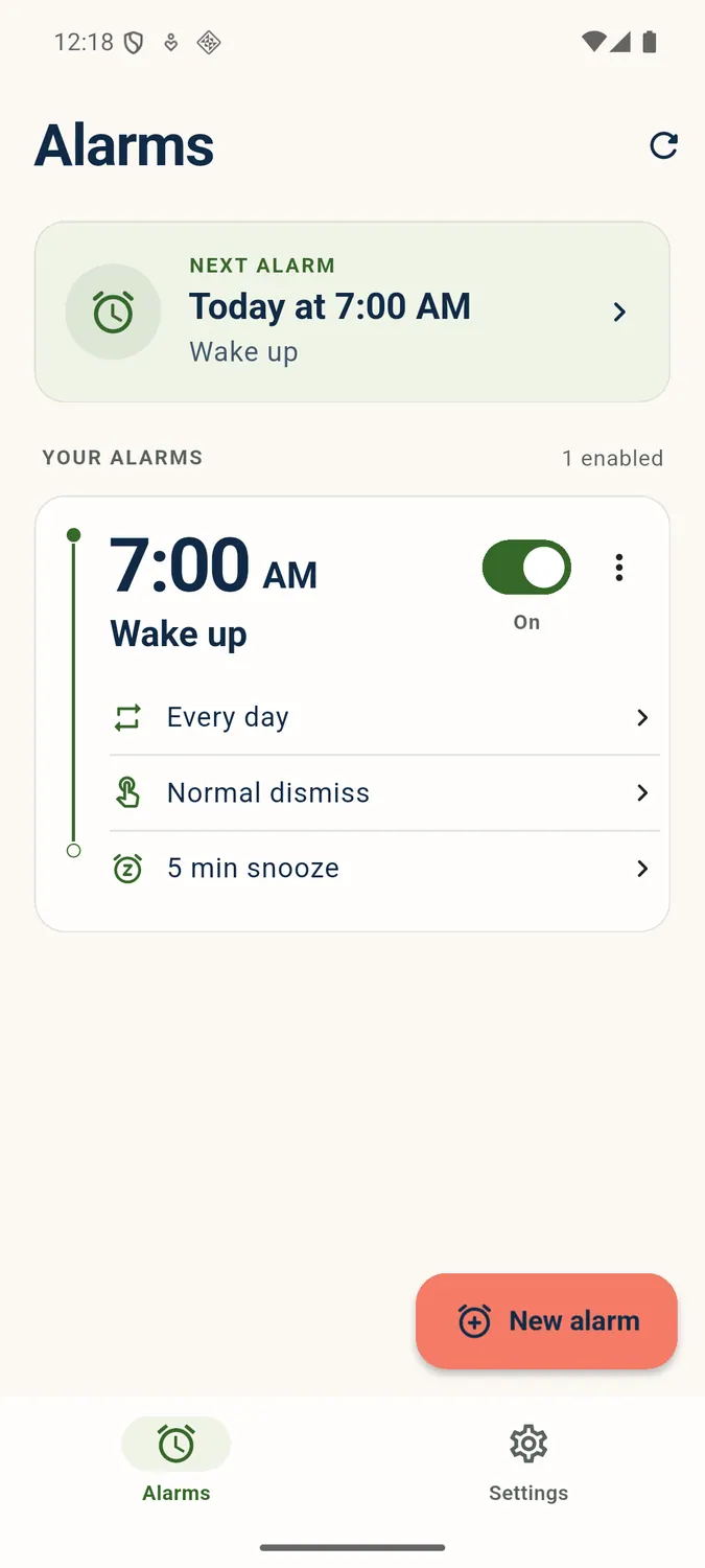 RiseReady alarms screen showing a scheduled wake-up