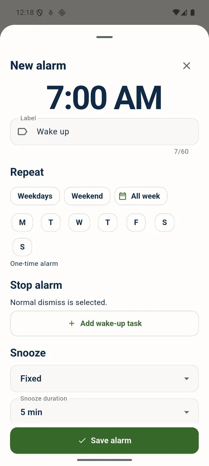 RiseReady alarm editor screen
